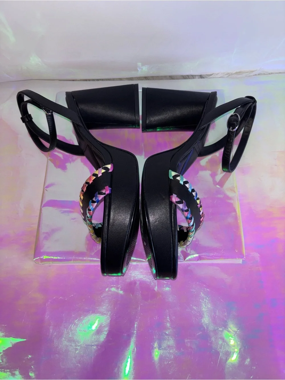 Karl Lagerfeld Black Leather Sandal with Rainbow Braided Trim NWOT 6.5 & 9